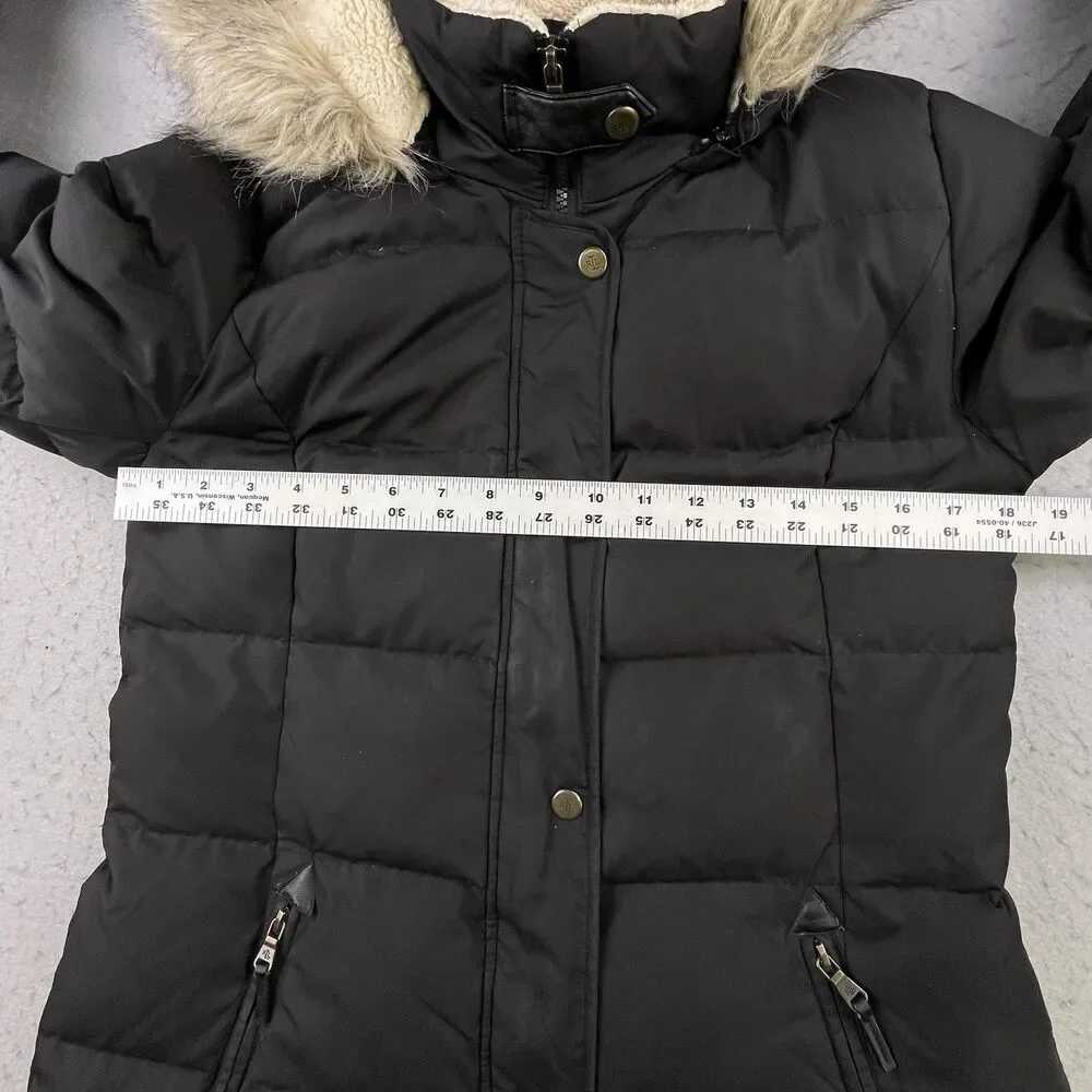 Lauren Ralph Lauren Down Puffer Coat Women's S Black Feather Removable Fur Hood